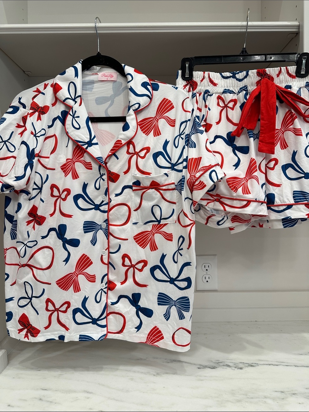 Pink Lily small White Button-Down Pajama Set with Red & Blue Bow Print.Like new